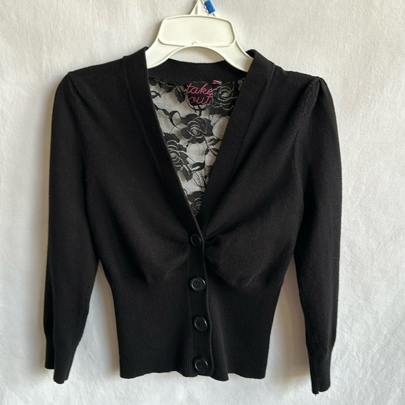 Take Out black V-neck button down cardigan with lace back detail, size S - Picture 1 of 7